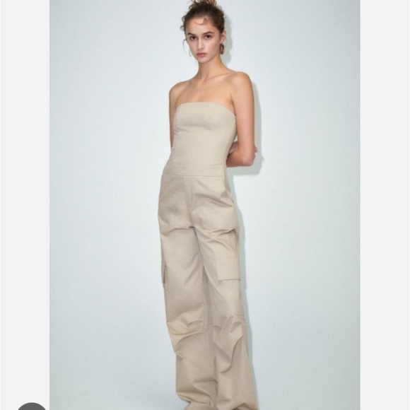 Zara Pants - Zara NWT beige cargo long strapless jumpsuit